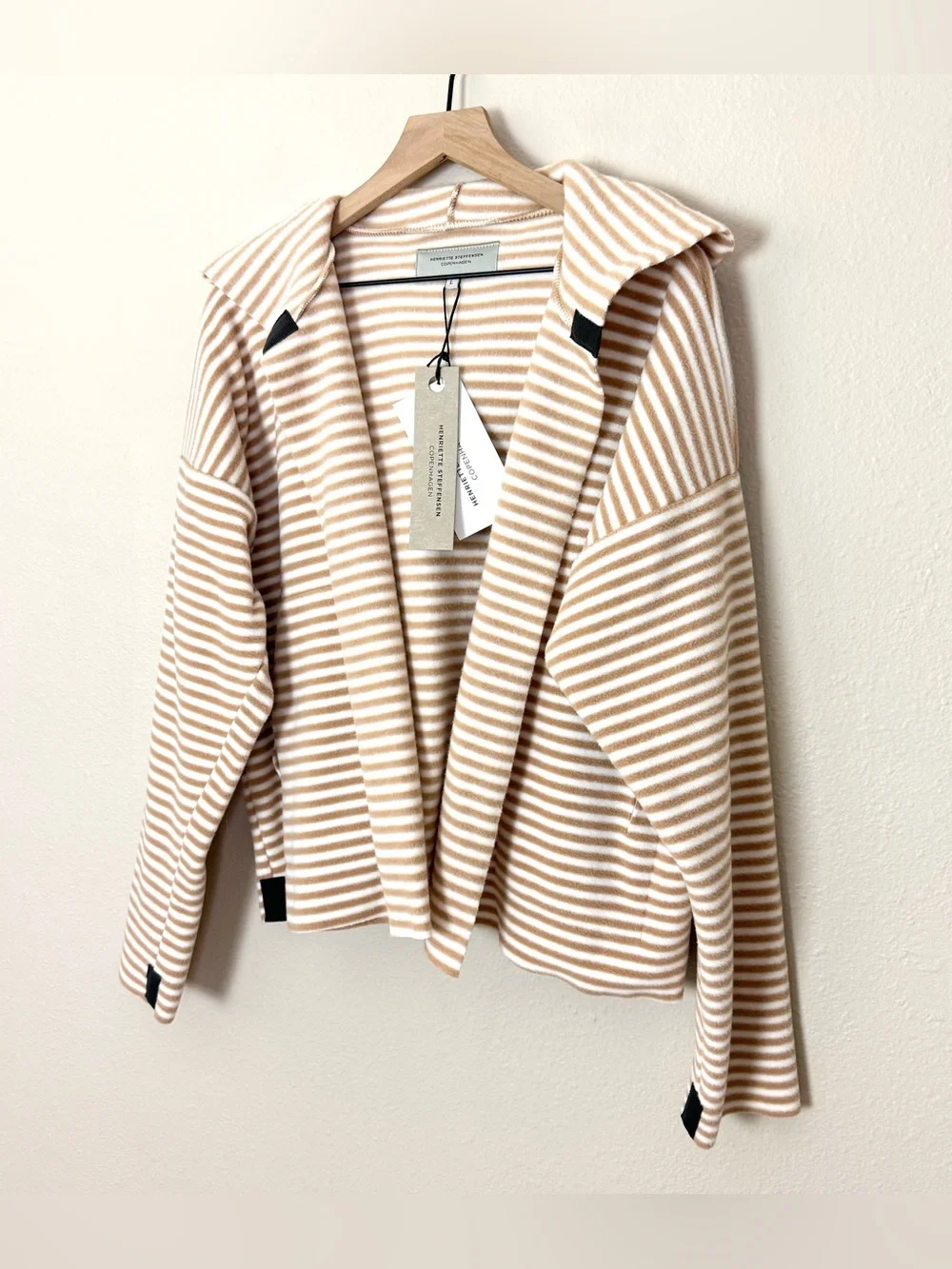 NWT Henriette Steffensen Sporty Fleece Hooded Cardigan Tan Beige Stripes Large - Picture 2 of 8